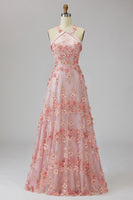 Laden Sie das Bild in den Galerie-Viewer, A-Linie Rosa Orange Tüll Neckholder Langes Hochzeitsgast Kleid mit Blumen