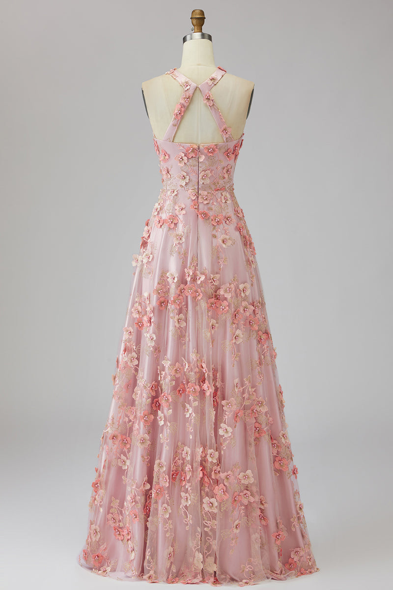 Laden Sie das Bild in den Galerie-Viewer, A-Linie Rosa Orange Tüll Neckholder Langes Hochzeitsgast Kleid mit Blumen