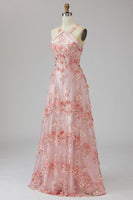 Laden Sie das Bild in den Galerie-Viewer, A-Linie Rosa Orange Tüll Neckholder Langes Hochzeitsgast Kleid mit Blumen