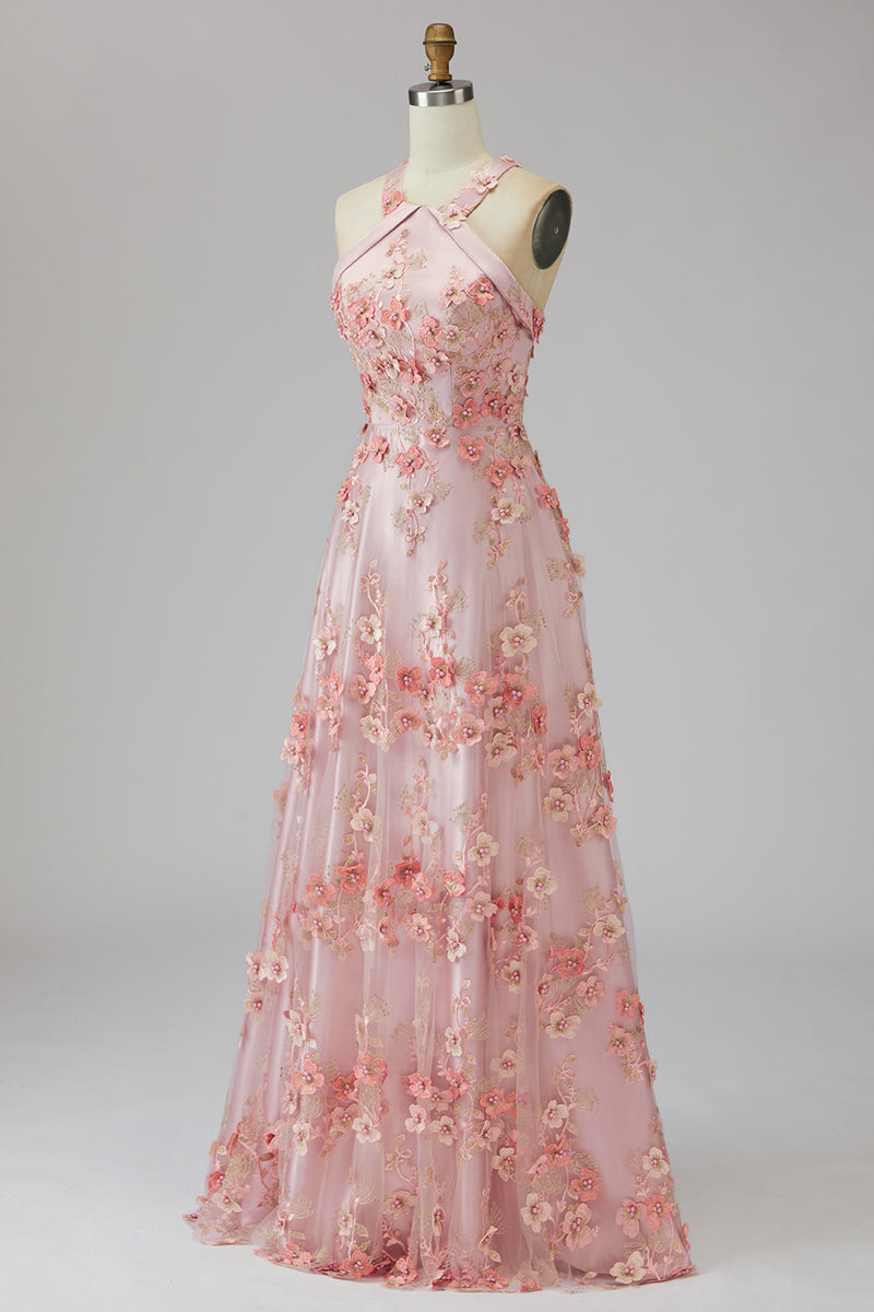 Laden Sie das Bild in den Galerie-Viewer, A-Linie Rosa Orange Tüll Neckholder Langes Hochzeitsgast Kleid mit Blumen