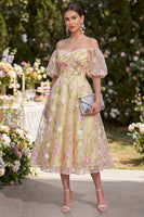 Laden Sie das Bild in den Galerie-Viewer, Hellgelbe Puffärmel Blumen, geraffte A-Linie Midi-Kleid