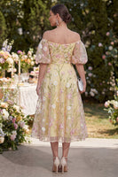 Laden Sie das Bild in den Galerie-Viewer, Hellgelbe Puffärmel Blumen, geraffte A-Linie Midi-Kleid