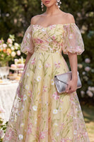 Laden Sie das Bild in den Galerie-Viewer, Hellgelbe Puffärmel Blumen, geraffte A-Linie Midi-Kleid