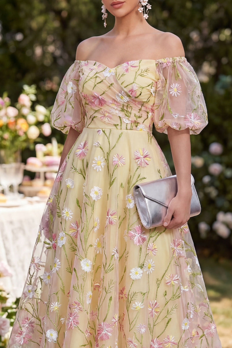Laden Sie das Bild in den Galerie-Viewer, Hellgelbe Puffärmel Blumen, geraffte A-Linie Midi-Kleid