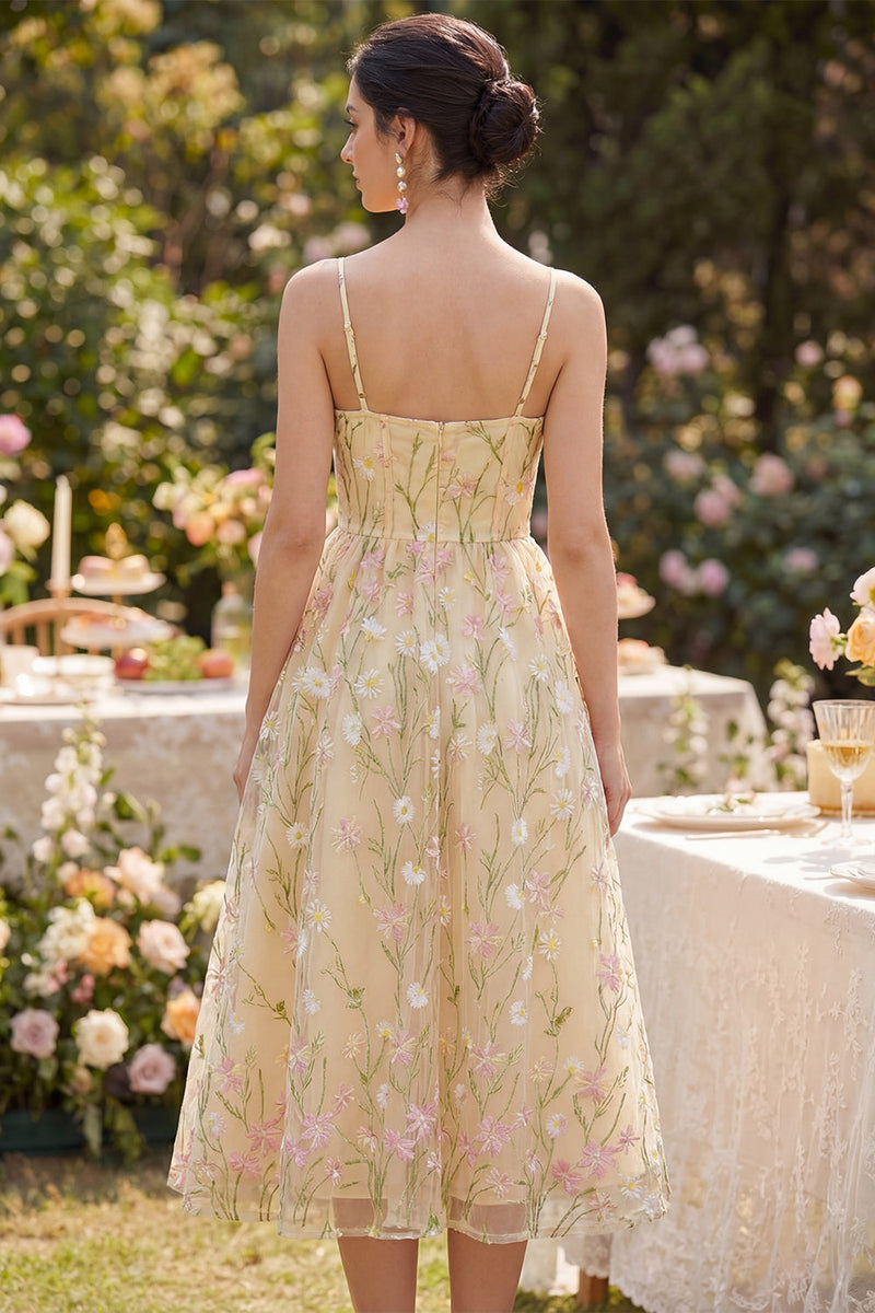 Laden Sie das Bild in den Galerie-Viewer, Hellgelbes Korsett, Spaghettiträger, floralt A-Linie Midi-Kleid