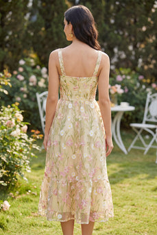 Quadratischer Ausschnitt mit Blumen hellgelb A-Linie MIDI-Kleid