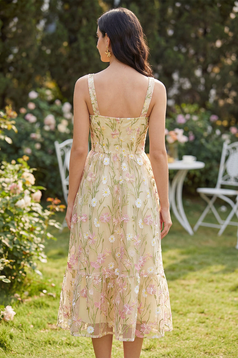 Laden Sie das Bild in den Galerie-Viewer, Quadratischer Ausschnitt mit Blumen hellgelb A-Linie MIDI-Kleid