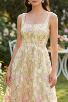 Laden Sie das Bild in den Galerie-Viewer, Quadratischer Ausschnitt mit Blumen hellgelb A-Linie MIDI-Kleid