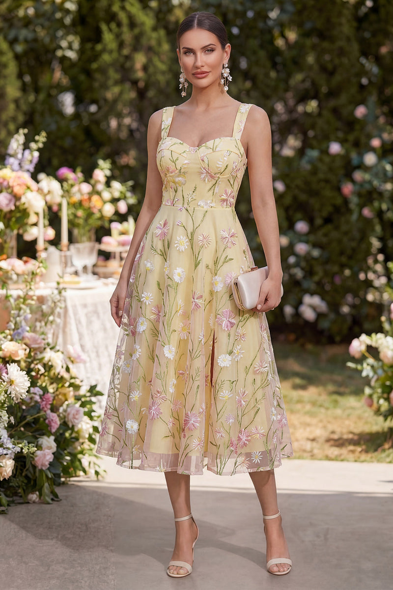 Laden Sie das Bild in den Galerie-Viewer, Dicke Träger Floral Hellgelb A-Linie Midi-Kleid