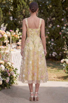 Dicke Träger Floral Hellgelb A-Linie Midi-Kleid