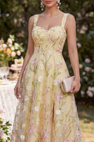 Laden Sie das Bild in den Galerie-Viewer, Dicke Träger Floral Hellgelb A-Linie Midi-Kleid