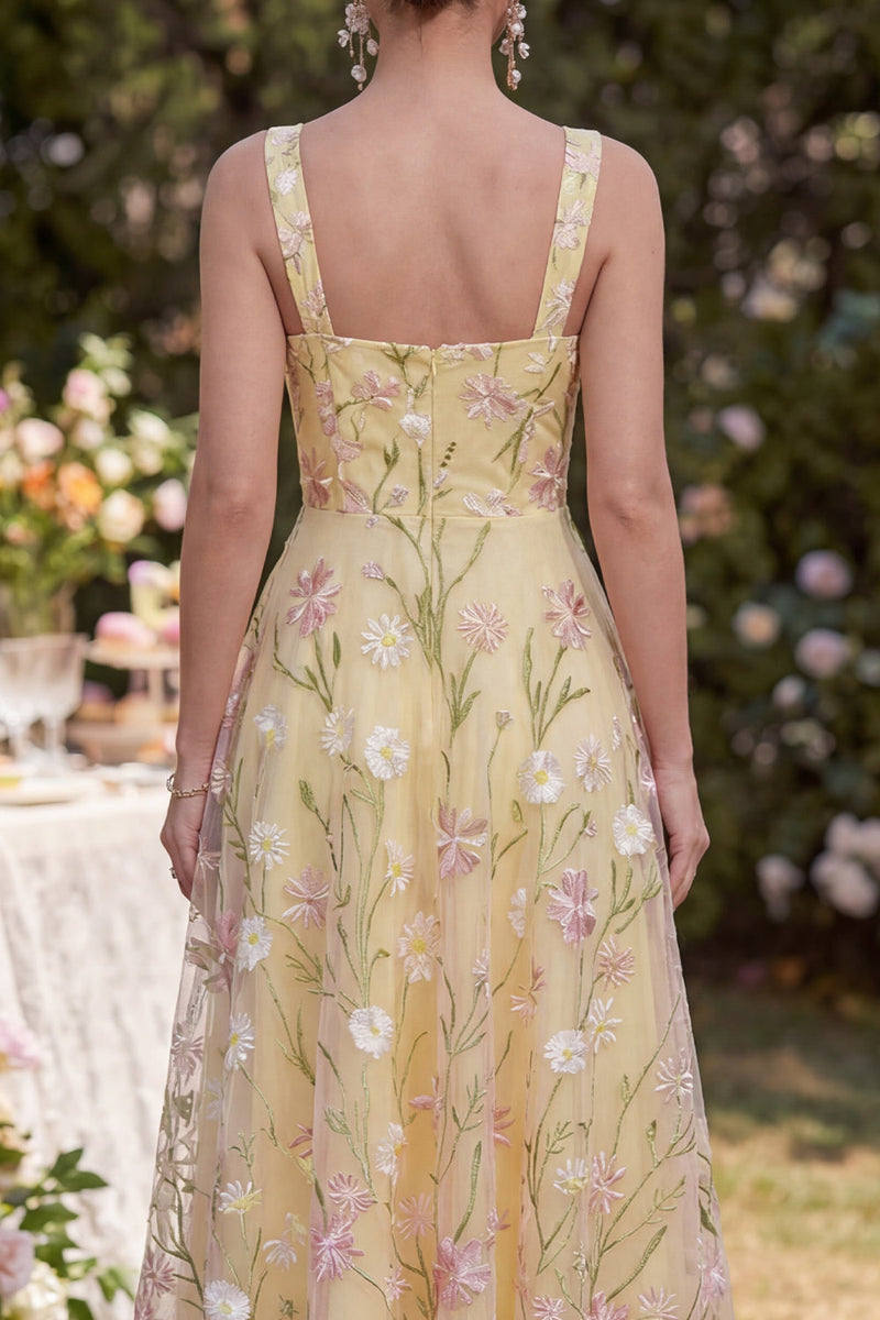 Laden Sie das Bild in den Galerie-Viewer, Dicke Träger Floral Hellgelb A-Linie Midi-Kleid
