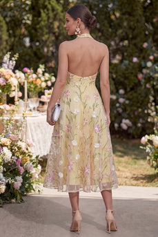 Hellgelbe A-Line-Halter-Applikationskleider mit Midi-Blumen