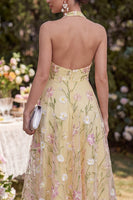 Laden Sie das Bild in den Galerie-Viewer, Hellgelbe A-Line-Halter-Applikationskleider mit Midi-Blumen