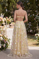 Laden Sie das Bild in den Galerie-Viewer, Hellgelbe Spaghetti-Träger A-Linie hohl appliquiertes Maxi-Floral mit Schlitz