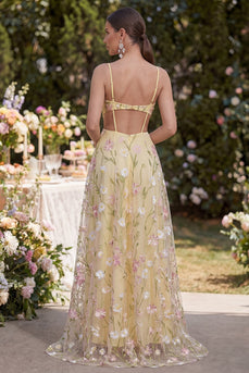 Hellgelbe Spaghetti-Träger A-Linie hohl appliquiertes Maxi-Floral mit Schlitz