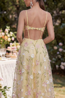 Laden Sie das Bild in den Galerie-Viewer, Hellgelbe Spaghetti-Träger A-Linie hohl appliquiertes Maxi-Floral mit Schlitz