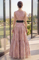Laden Sie das Bild in den Galerie-Viewer, Rougefarbenes Jacquard-Bootsausschnitt A-Linie Maxi-Blumenkleid mit Schleife