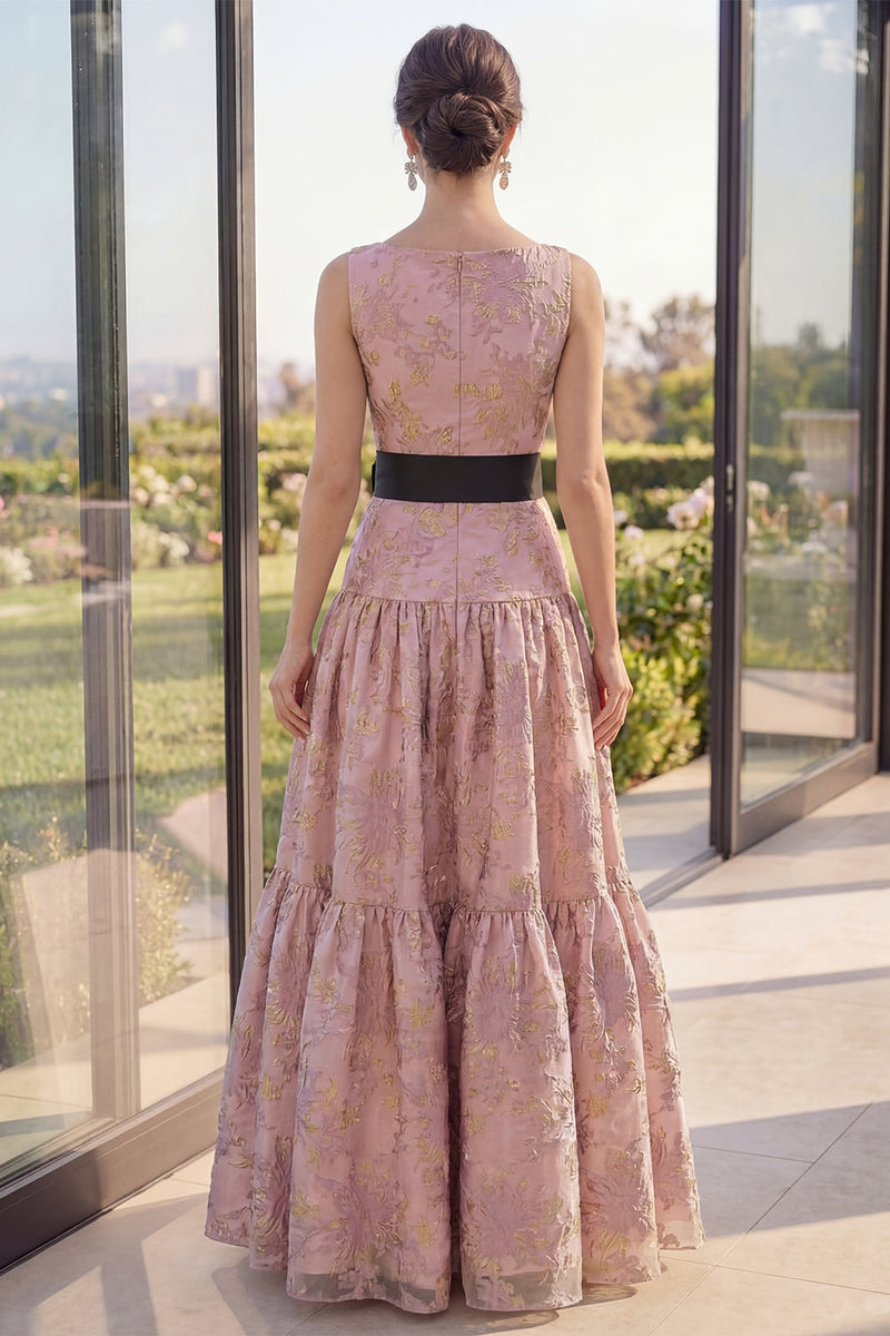 Laden Sie das Bild in den Galerie-Viewer, Rougefarbenes Jacquard-Bootsausschnitt A-Linie Maxi-Blumenkleid mit Schleife