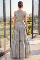 Laden Sie das Bild in den Galerie-Viewer, Rougefarbenes Jacquard-Bootsausschnitt A-Linie Maxi-Blumenkleid mit Schleife