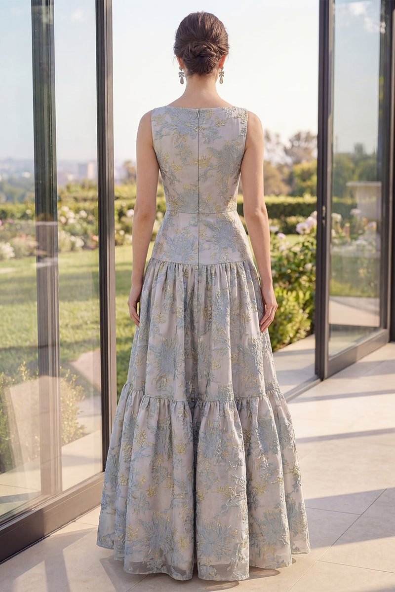 Laden Sie das Bild in den Galerie-Viewer, Rougefarbenes Jacquard-Bootsausschnitt A-Linie Maxi-Blumenkleid mit Schleife