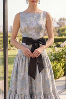 Laden Sie das Bild in den Galerie-Viewer, Rougefarbenes Jacquard-Bootsausschnitt A-Linie Maxi-Blumenkleid mit Schleife