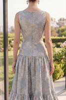 Laden Sie das Bild in den Galerie-Viewer, Rougefarbenes Jacquard-Bootsausschnitt A-Linie Maxi-Blumenkleid mit Schleife