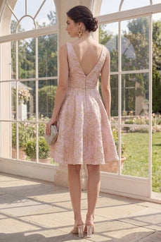 V-Ausschnitt A-Linie Blush-Midi-Jacquard-Blumenkleid