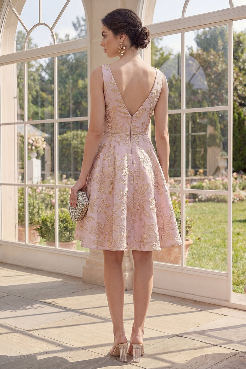 Laden Sie das Bild in den Galerie-Viewer, V-Ausschnitt A-Linie Blush-Midi-Jacquard-Blumenkleid