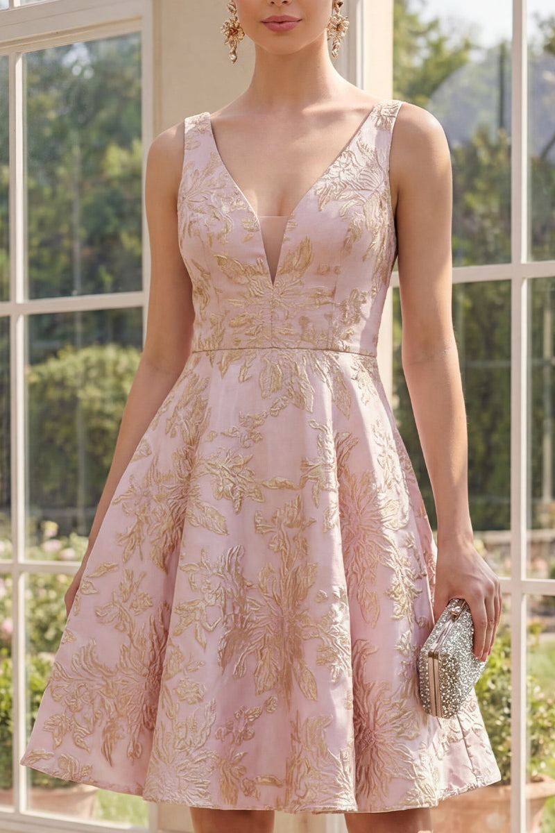 Laden Sie das Bild in den Galerie-Viewer, V-Ausschnitt A-Linie Blush-Midi-Jacquard-Blumenkleid