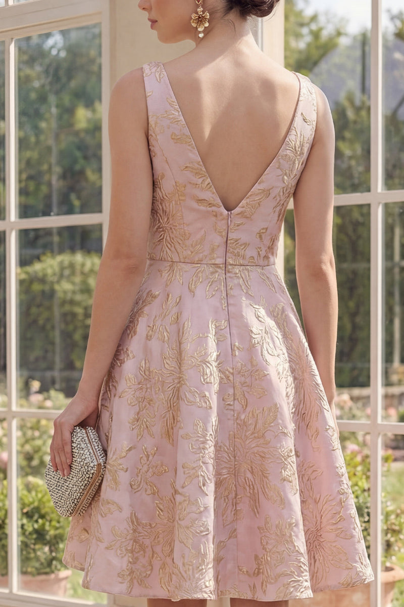 Laden Sie das Bild in den Galerie-Viewer, V-Ausschnitt A-Linie Blush-Midi-Jacquard-Blumenkleid