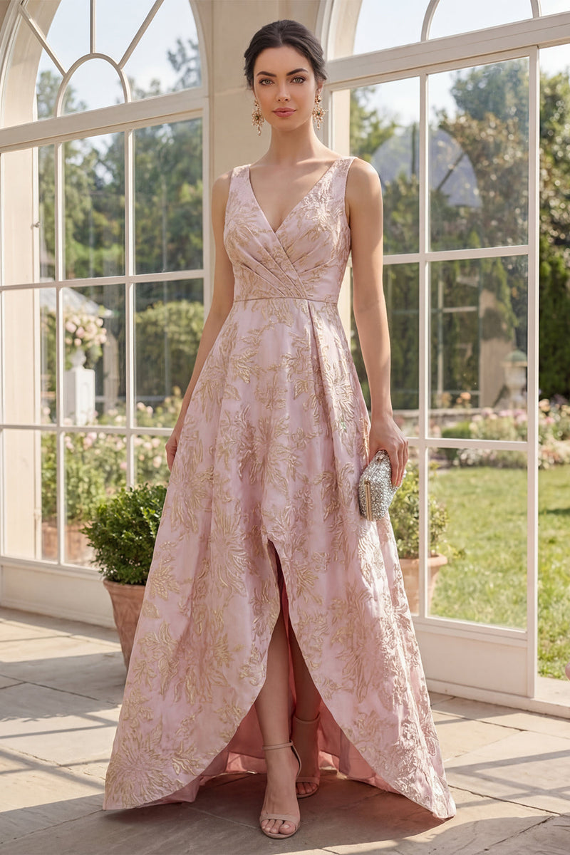 Laden Sie das Bild in den Galerie-Viewer, Roush V-Ausschnitt mit Raffen, hoch und niedrig A-Linie Jacquard Blumen-Maxikleid