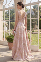 Laden Sie das Bild in den Galerie-Viewer, Roush V-Ausschnitt mit Raffen, hoch und niedrig A-Linie Jacquard Blumen-Maxikleid