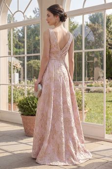 Roush V-Ausschnitt mit Raffen, hoch und niedrig A-Linie Jacquard Blumen-Maxikleid