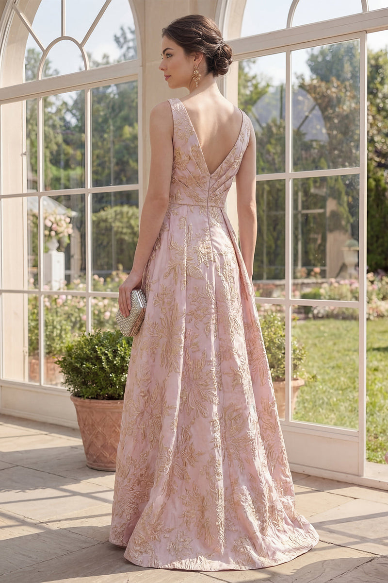Laden Sie das Bild in den Galerie-Viewer, Roush V-Ausschnitt mit Raffen, hoch und niedrig A-Linie Jacquard Blumen-Maxikleid