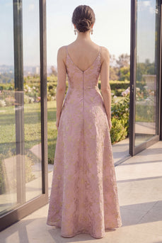 Blush-Jacquard-V-Ausschnitt A-Linie Maxi-Blumenkleid mit Schlitz
