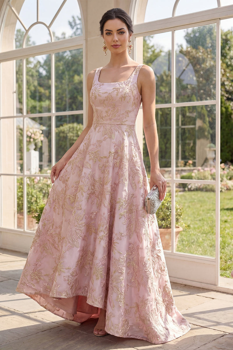 Laden Sie das Bild in den Galerie-Viewer, Blush-A-Linie Jacquard Maxi-Blumenkleid mit quadratem Ausschnitt