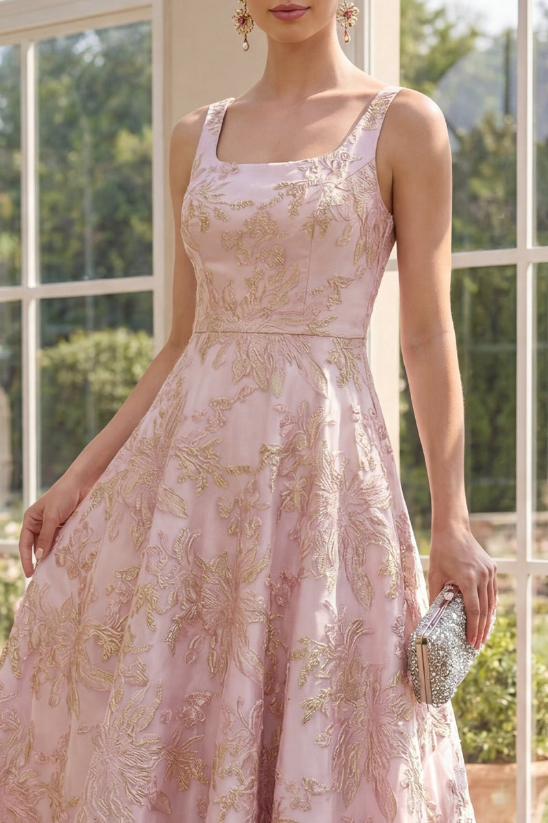 Laden Sie das Bild in den Galerie-Viewer, Blush-A-Linie Jacquard Maxi-Blumenkleid mit quadratem Ausschnitt