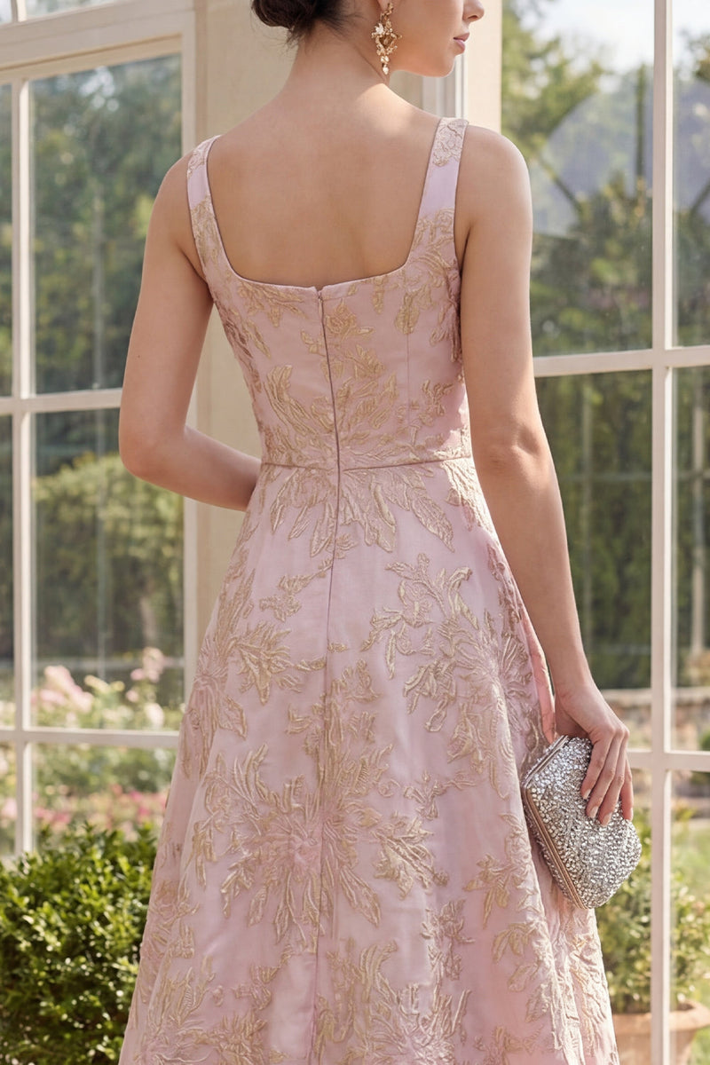 Laden Sie das Bild in den Galerie-Viewer, Blush-A-Linie Jacquard Maxi-Blumenkleid mit quadratem Ausschnitt
