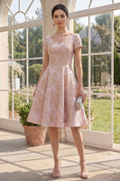 Laden Sie das Bild in den Galerie-Viewer, Blush-A-Linie florales V-Ausschnitt Jacquard Midi-Kleid mit kurzen Ärmeln