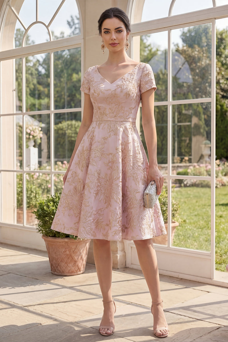 Laden Sie das Bild in den Galerie-Viewer, Blush-A-Linie florales V-Ausschnitt Jacquard Midi-Kleid mit kurzen Ärmeln