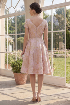 Blush-A-Linie florales V-Ausschnitt Jacquard Midi-Kleid mit kurzen Ärmeln