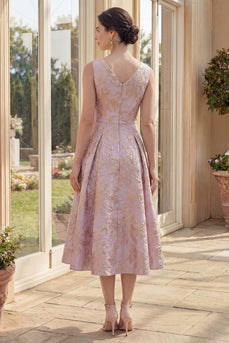 Staubiges Flieder A-Linie Jacquard-Bootsausschnitt Midi-Blumenkleid