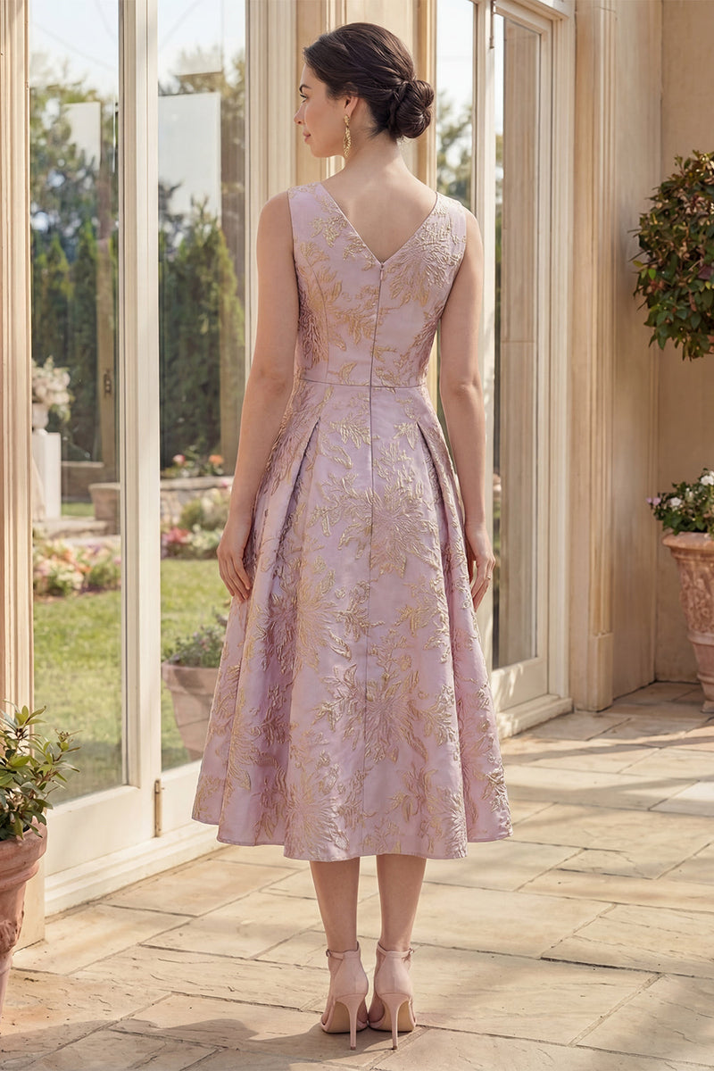 Laden Sie das Bild in den Galerie-Viewer, Staubiges Flieder A-Linie Jacquard-Bootsausschnitt Midi-Blumenkleid