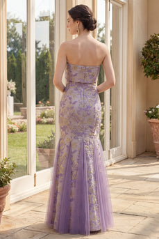 Staubiges fliederfarbenes Jacquard-Meerjungfrauen-Trägerloses Blumen-Maxikleid