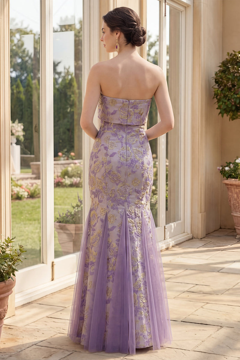 Laden Sie das Bild in den Galerie-Viewer, Staubiges fliederfarbenes Jacquard-Meerjungfrauen-Trägerloses Blumen-Maxikleid