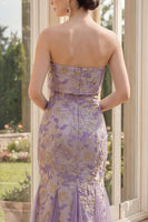 Laden Sie das Bild in den Galerie-Viewer, Staubiges fliederfarbenes Jacquard-Meerjungfrauen-Trägerloses Blumen-Maxikleid