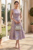 Laden Sie das Bild in den Galerie-Viewer, Staubiges fliederfarbenes Bootsausschnitt Jacquard Midi-Blumenkleid