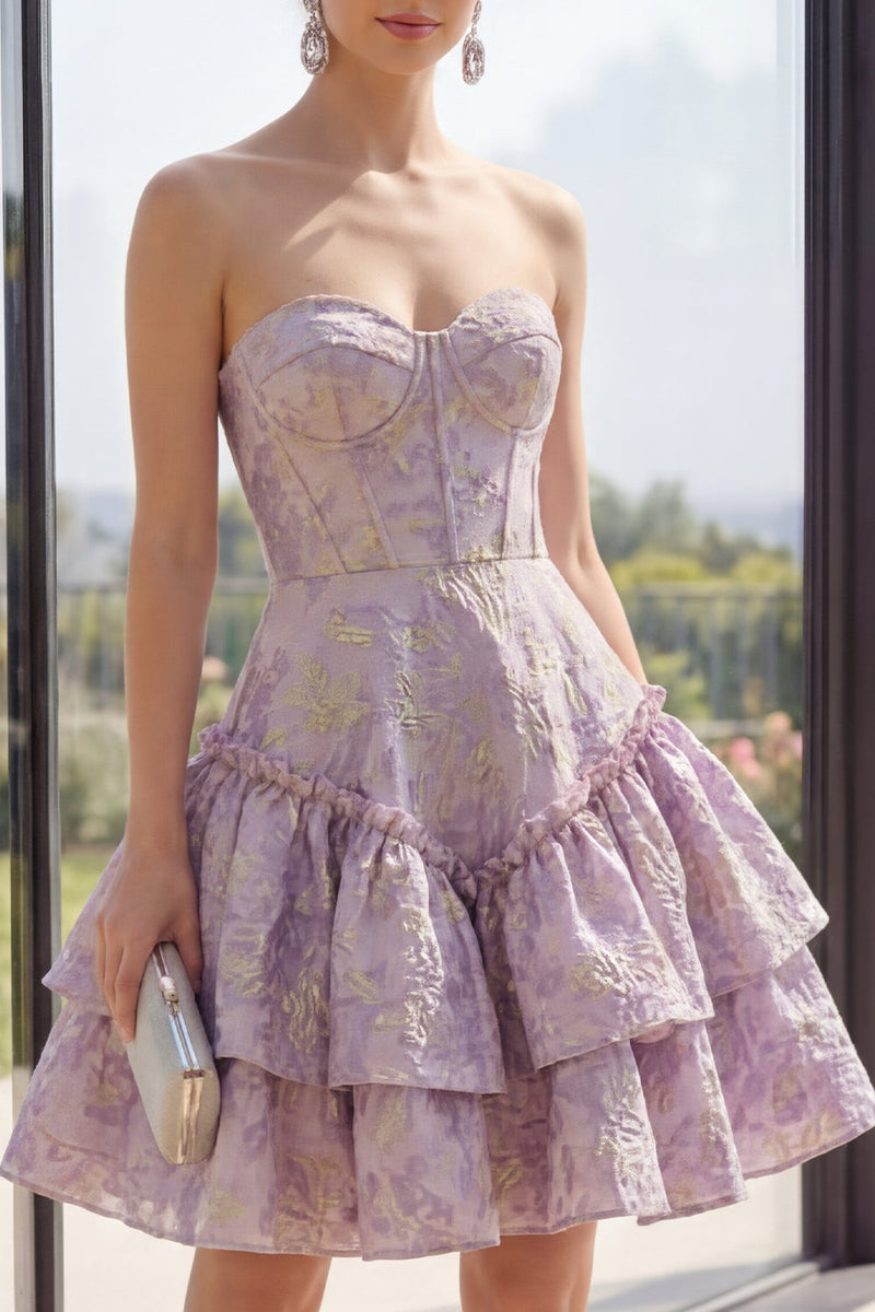 Laden Sie das Bild in den Galerie-Viewer, Staubiges fliederfarbenes baskisches Taillen-A-Linie Korsett Jacquard Mini-Blumenkleid mit Rüschen
