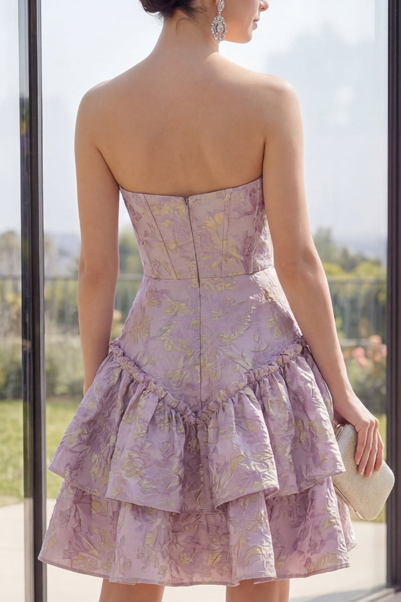 Laden Sie das Bild in den Galerie-Viewer, Staubiges fliederfarbenes baskisches Taillen-A-Linie Korsett Jacquard Mini-Blumenkleid mit Rüschen